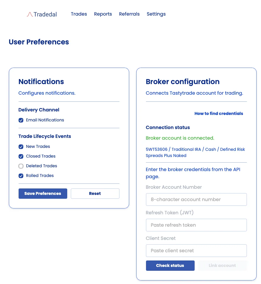 Tradedal broker connection status and account setup screen