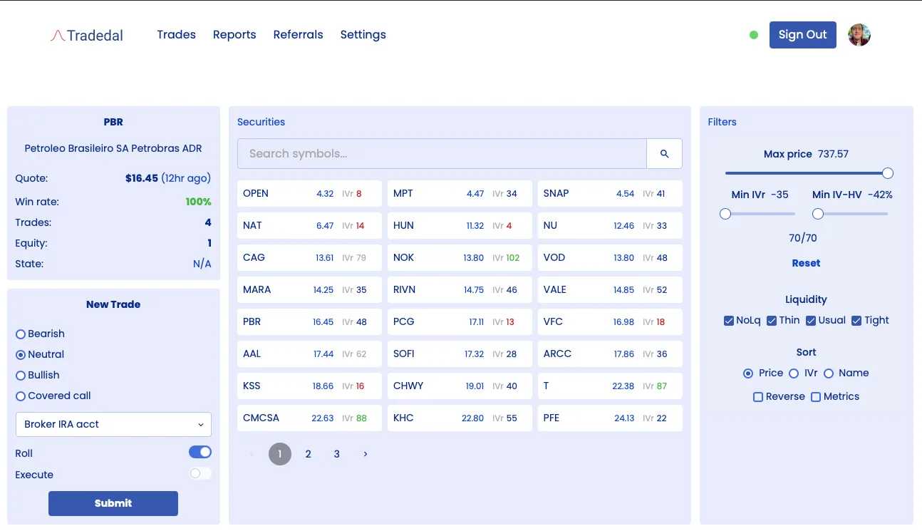 Tradedal securities review page with liquidity indicators and watchlist context